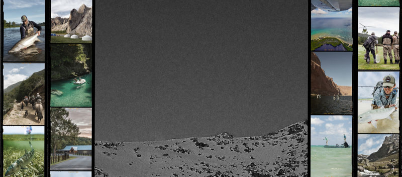 A grayed out landscape of snowy mountains with several inset vertical images of fishing adventures.