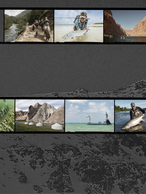 A grayed out landscape of snowy mountains with several inset side by side images of fishing adventures.