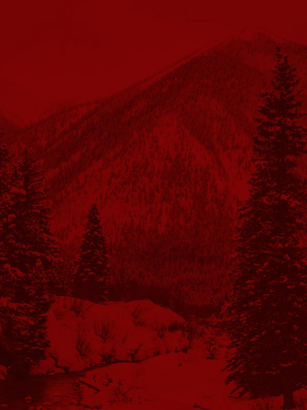 A landscape of a stream running through a snowy forest with a red filter.