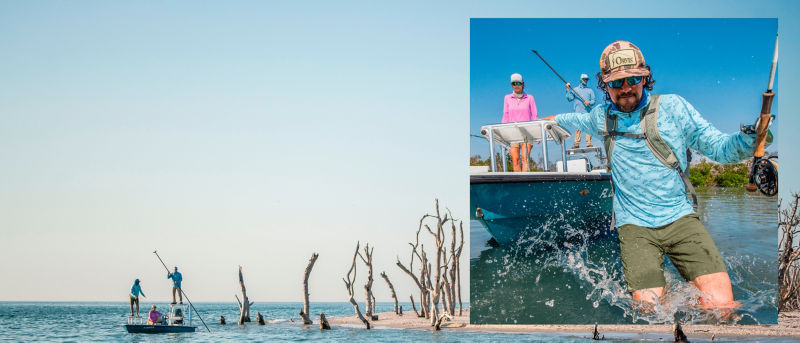  Three people saltwater fishing on a poled boat with an inset close-up of one angler jumping out of the boat.