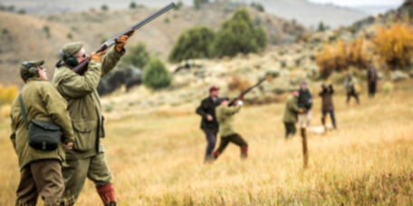 Hunters in continental kit practice their aim in a field