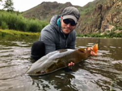 Jim squatting in the river, holding a monster catch