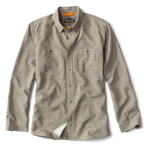 An olive Tech Chambray long-sleeved shirt.