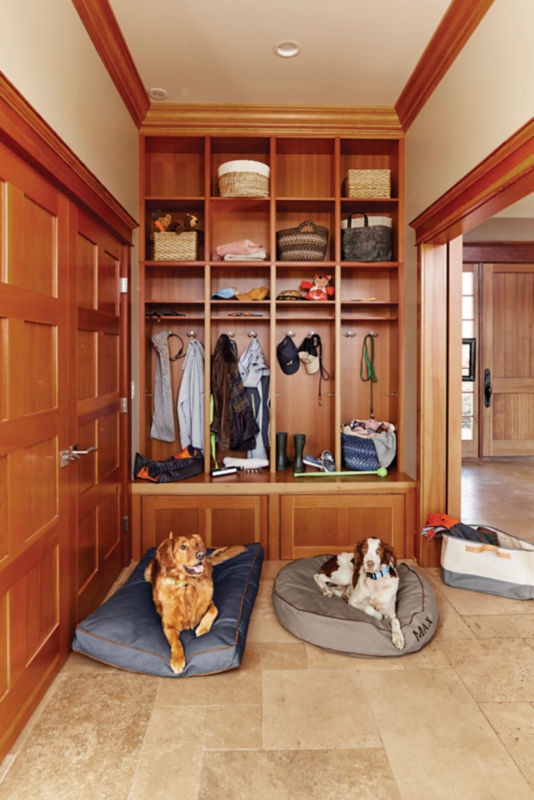 Two dogs loung on their dog beds in a mudroom.