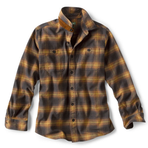 A flannel shirt in brown and gold plaid