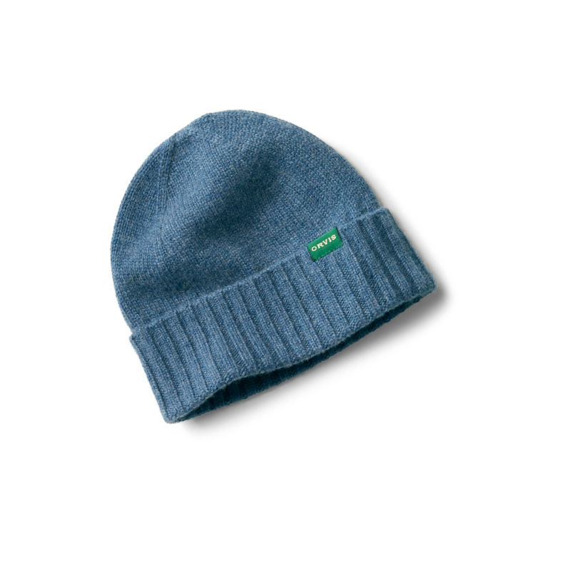 A denim blue knit beanie.