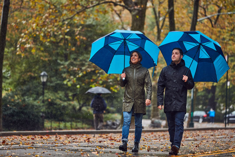 Two people walking in the rain with blue striped umbrellas.