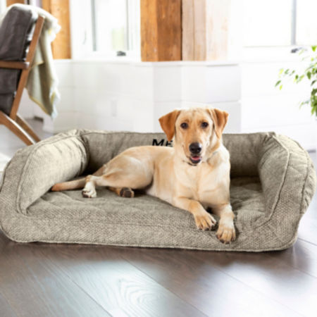 A yellow lab laying on a khaki-colored dog bed inside a home
