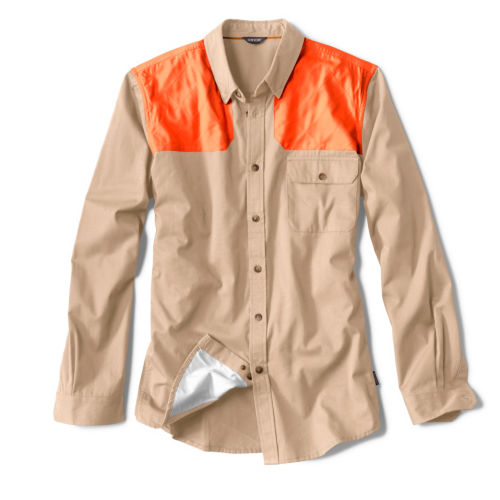 A Toughshell shirt in blaze orange and khaki.
