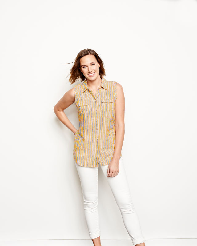 linen sleeveless button down shirts