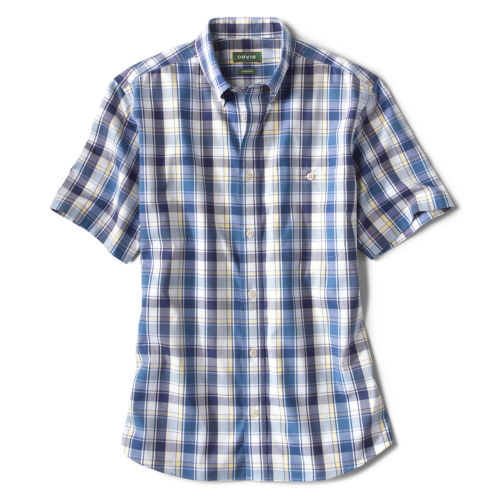 Blue and white plaid button-down shirt