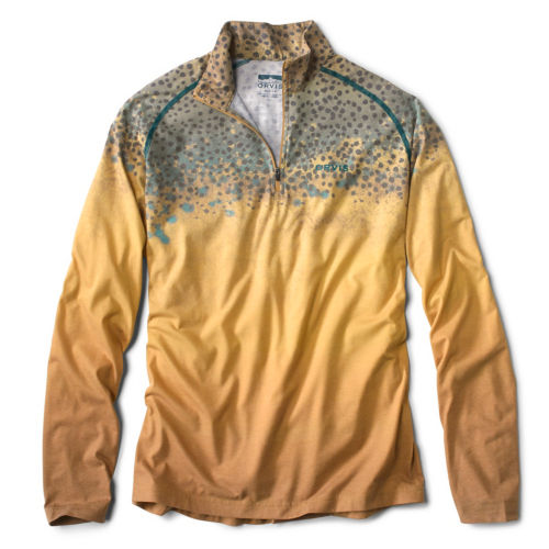 A long-sleeve, quarter-zip tee shirt, in a print inspired by the colors and patterns of trout