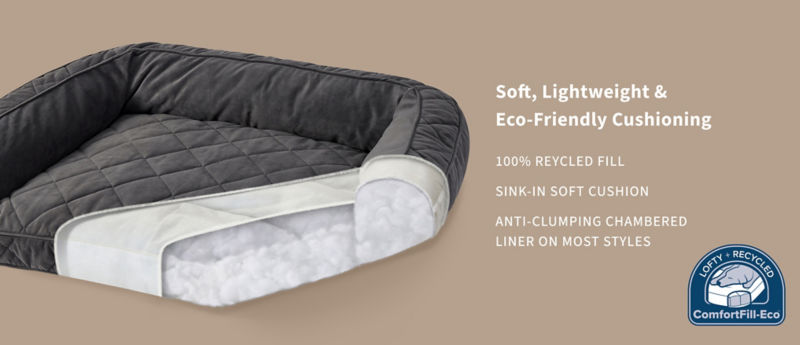 An illustration of a dog bed listing its features including the text: Soft, Lightweight & Eco-Friendly Cushion: 100% recycled fill, sink-in soft cushion, anti-clumping chambered liner on most styles.