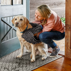 A woman wiping off her wet dog with a microfiber towel by the door entryway