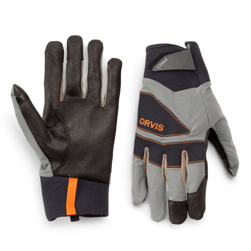 A pair of grey and black hunting gloves