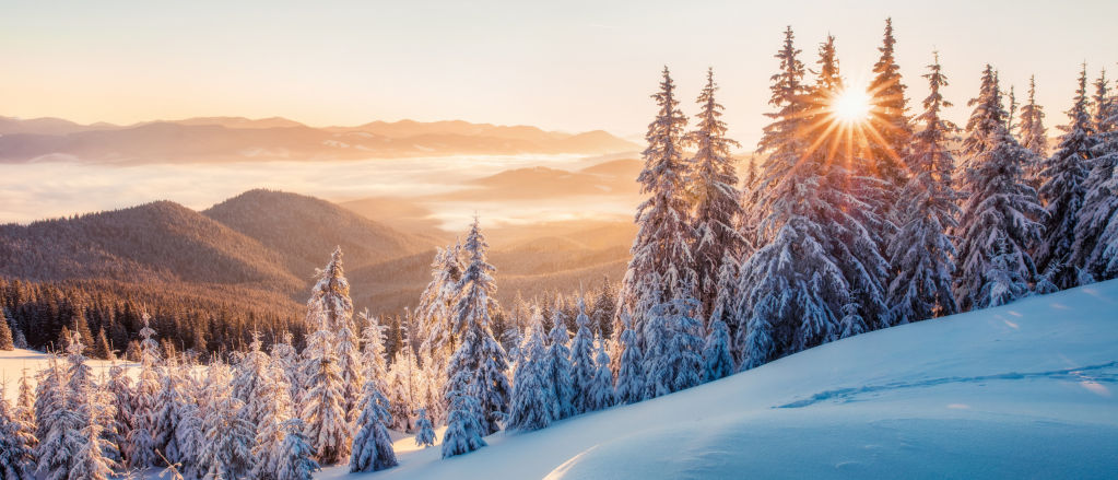 A wintery mountain scene bathed in golden sunlight