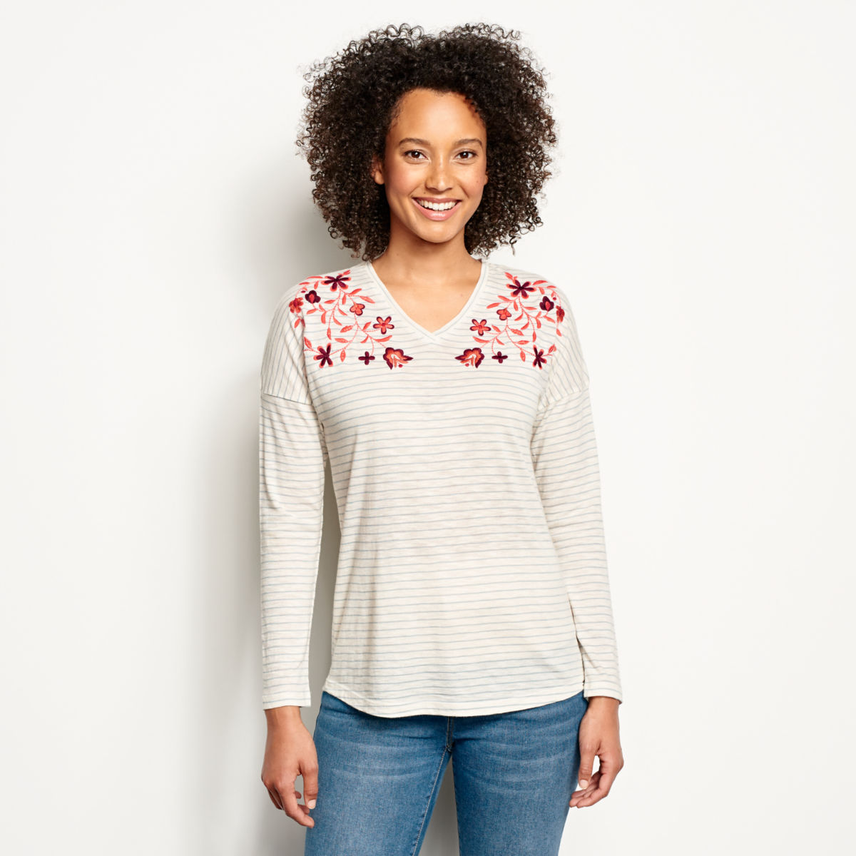 Striped And Embroidered Long-Sleeved V-Neck Tee - image number 0
