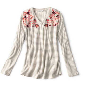 Striped And Embroidered Long-Sleeved V-Neck Tee -  image number 1