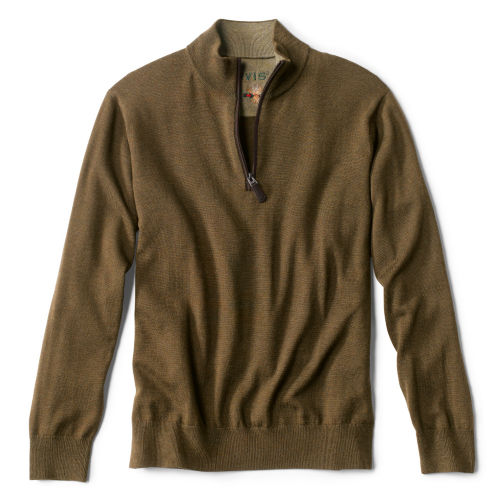 A brown, quarter-zip marino wool sweater