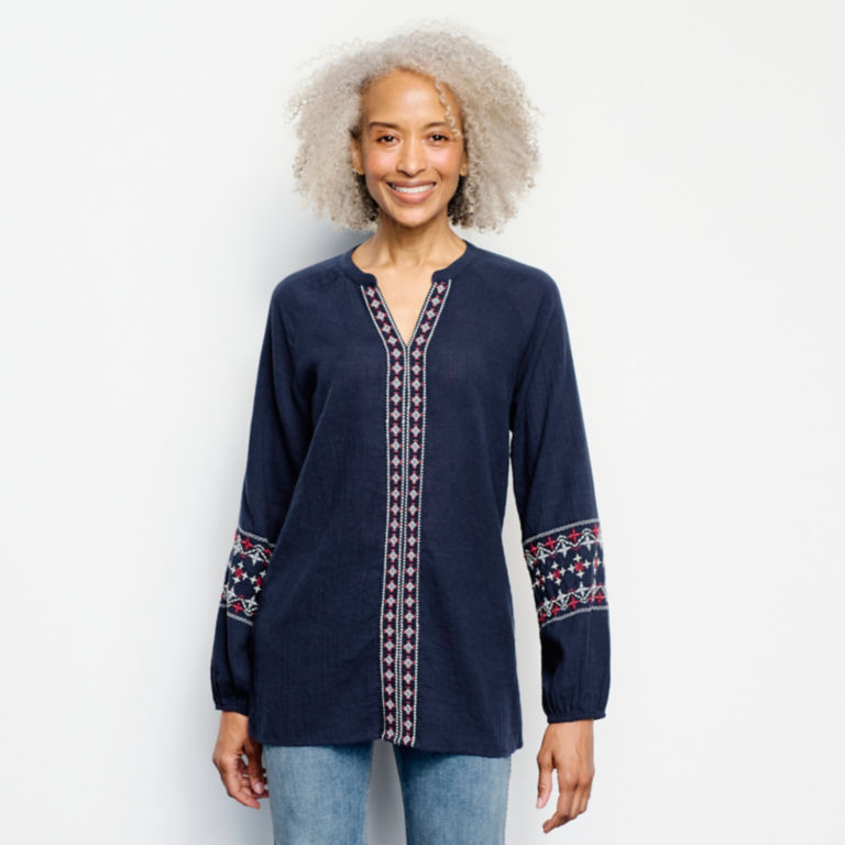 Long-Sleeved Embroidered Popover Shirt - BLUE MOON/ROSEWOOD image number 1