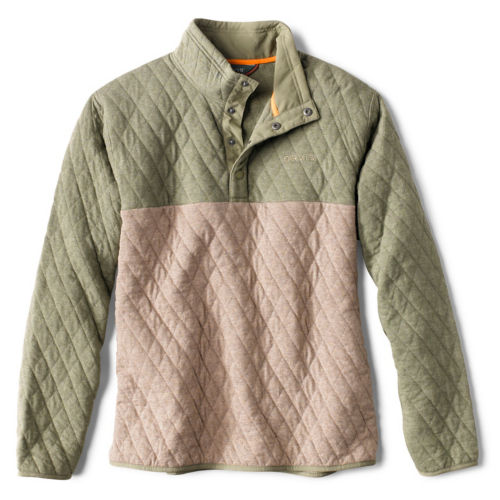 A quilted snap sweatshirt that's light green on the top and cream colored on the bottom