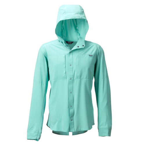 A bright, seafoam green, button-down fishing shirt with long sleeves and a hood