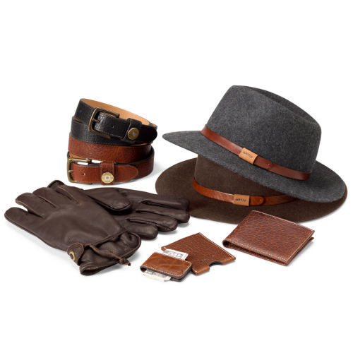 A collection of men's accessories including hats, belts, gloves, and wallets
