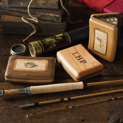 Wooden fly boxes and bamboo rod