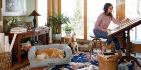 A woman working at home with her dog laying on an Orvis dog bed
