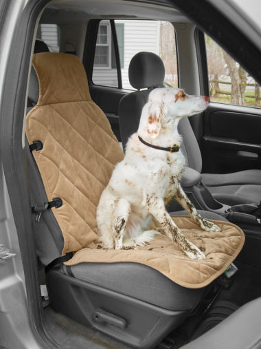 A dog sitting in the front seat of a car on a Grip-Tight® Quilted Bucket Seat Protector