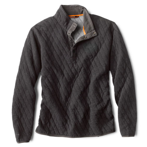 A dark grey quilted quarter-button sweatshirt.