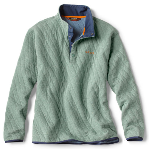 A green quilted quarter-button sweatshirt with blue detail