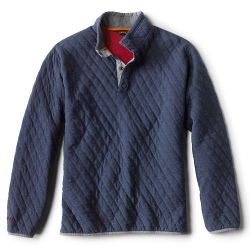 A navy quilted quarter-button sweatshirt with grey and red detail.