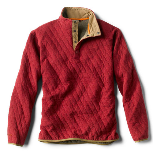 A red quilted sweatshirt with tan trim
