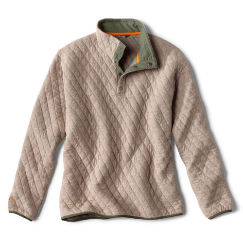 A tan quilted quarter-button sweatshirt.