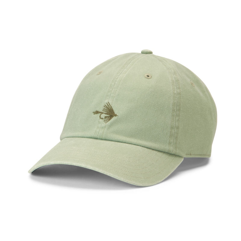 A light green ball cap with an embroidered fly.