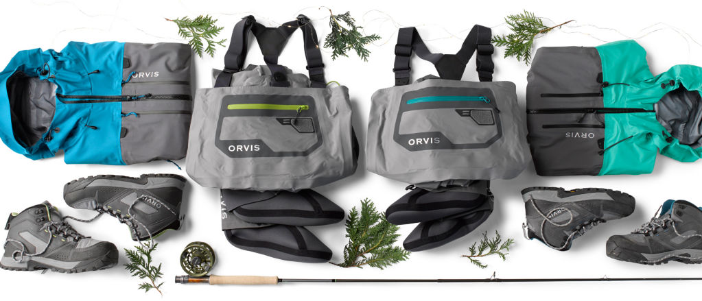 A collection of fishing products that make great gifts – waders, jackets, boots, and a fly rod