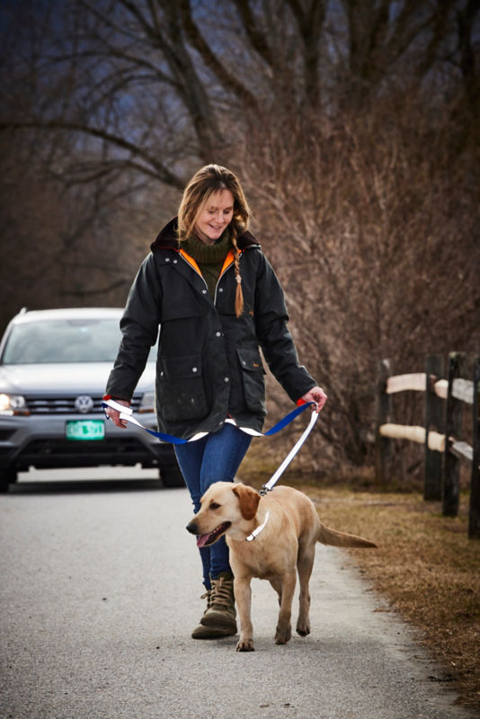 A woman wearing a field coat out walking her yellow lab on a reflective leash on the road.