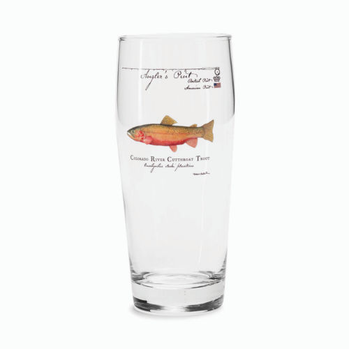 A pint glass with fish illustrations by Maine artist Karen Talbot