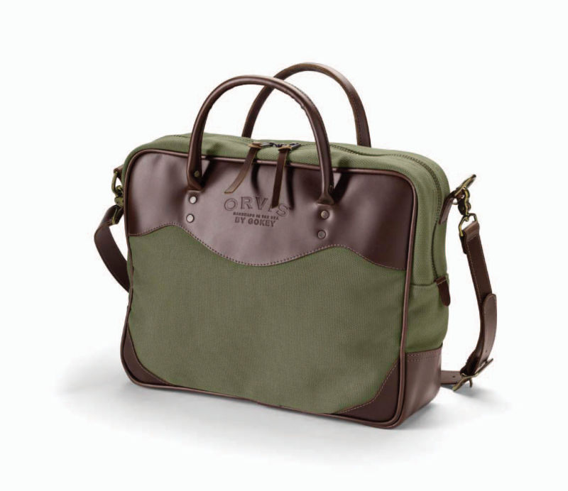 An Orvis green canvas and leather briefcase.