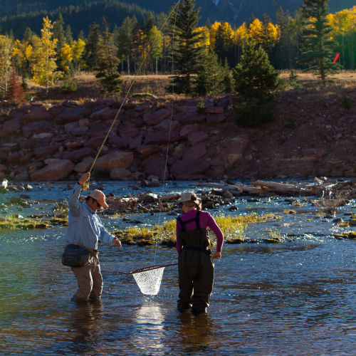 Two anglers in a river bringing a fish into a net