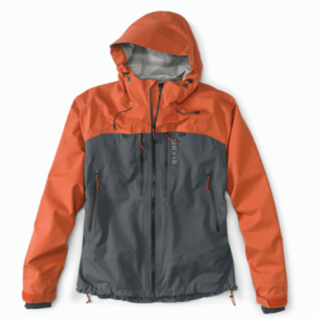 A hooded orange and gray wading jacket