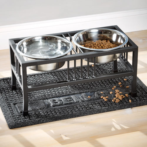 A metal stand holding two bowls, one with water, one with dry dog food