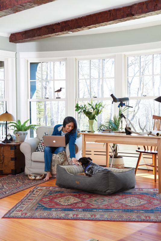A woman leaning down to pet her dog who is laying in bolstered dog bed