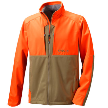 A safety orange and olive drab men's hunting jacket.