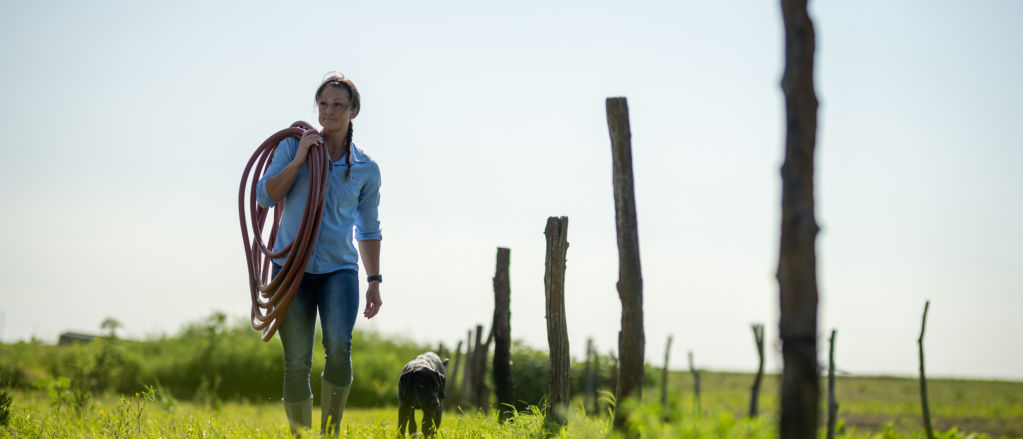 Woman wearing Tech Chambray shirt walking in a field with fence posts carrying a hose with her dog companion.