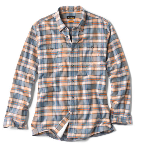 A flannel shirt in cream and pale blue plaid