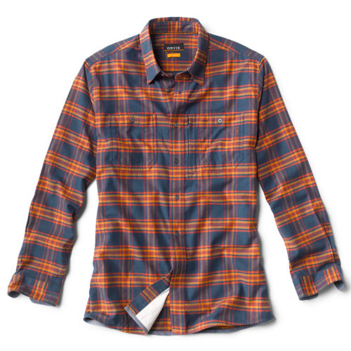 A navy and orange plaid flannel shirt