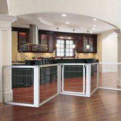 A large, folding dog gate blocking off a wide kitchen
