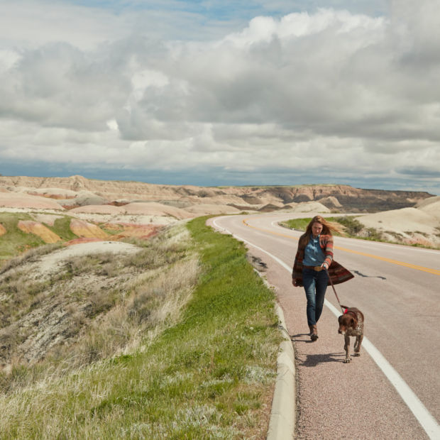 A woman walks her dog on a road through the badlands.